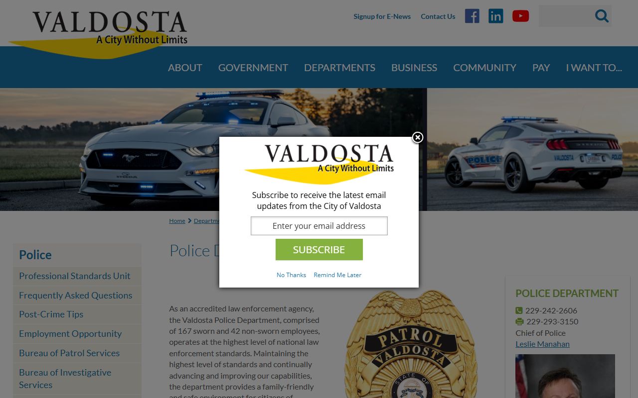 Valdosta Police Department page for Valdosta bench warrants