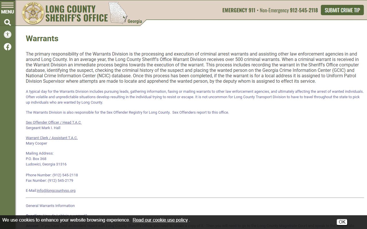 Long County warrants division page showing bench warrant processing details