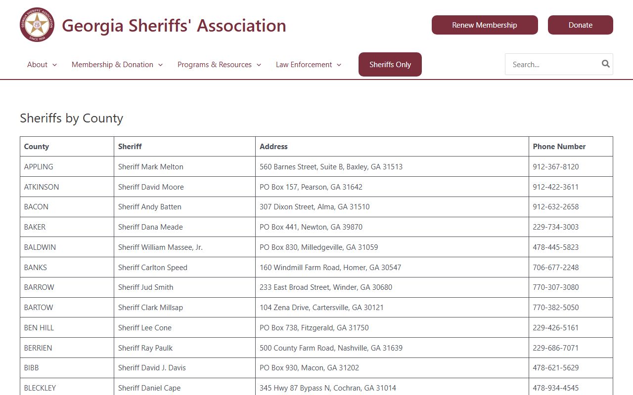 Georgia Sheriffs Association directory for bench warrant searches